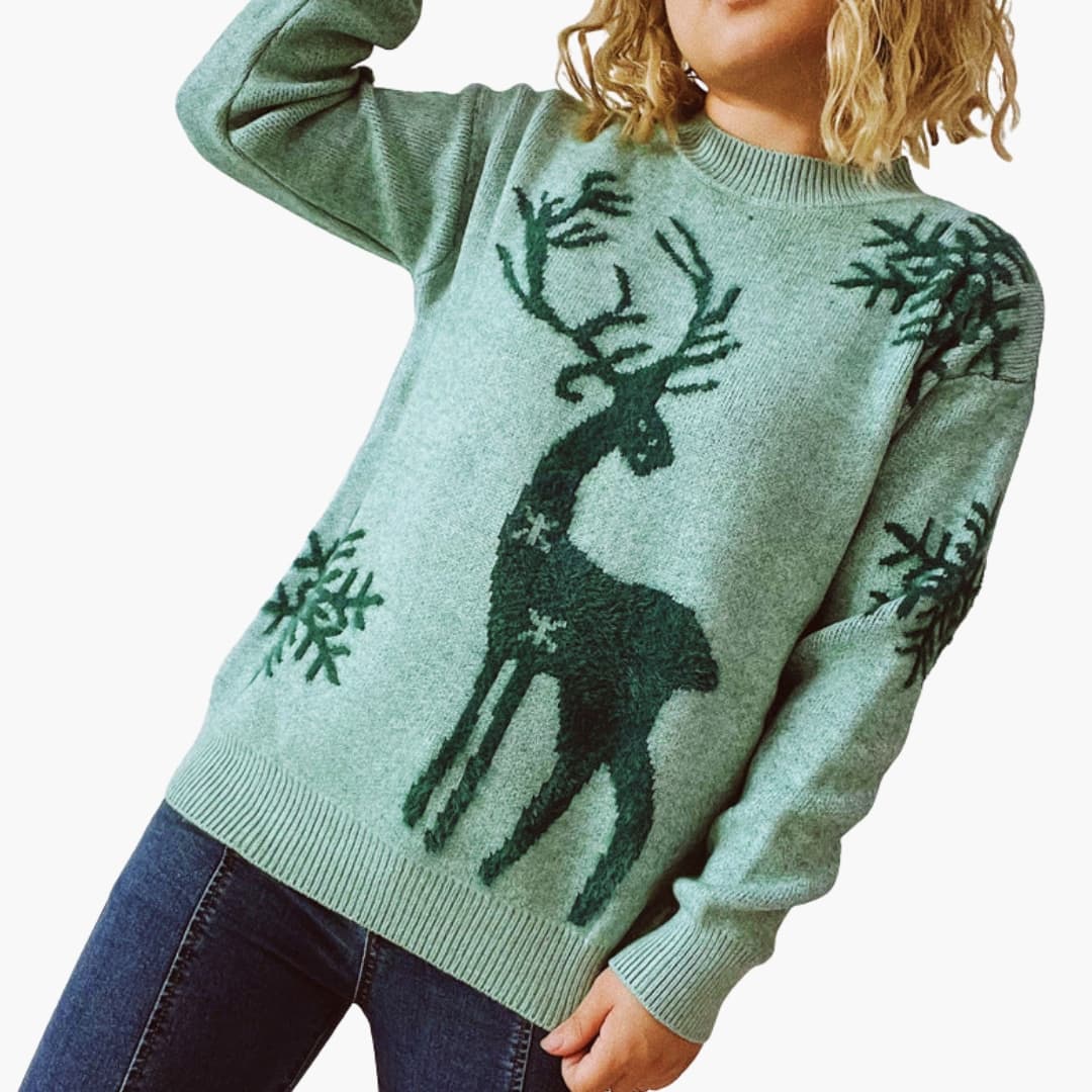 Damen Weihnachtspullover mit Rentiermotiv und Schneeflockendetails