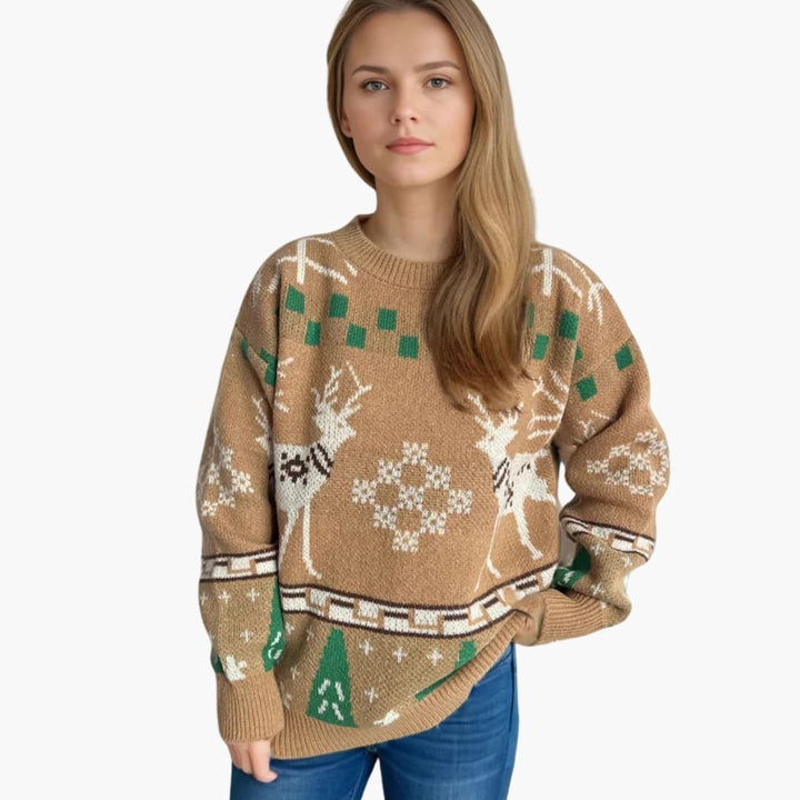 Damen Weihnachtspullover mit Rentiermuster und Strickdesign