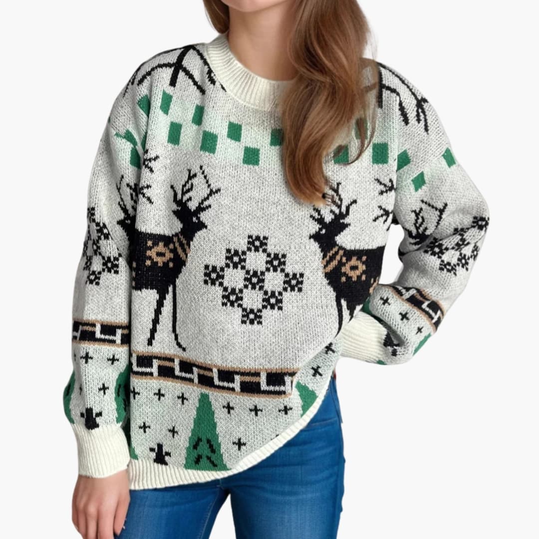 Damen Weihnachtspullover mit Rentiermuster und Strickdesign