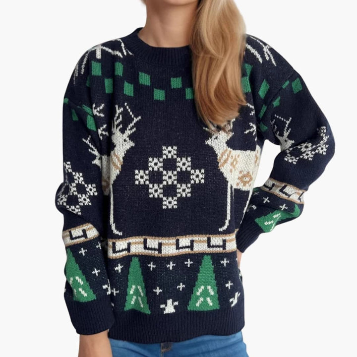 Damen Weihnachtspullover mit Rentiermuster und Strickdesign