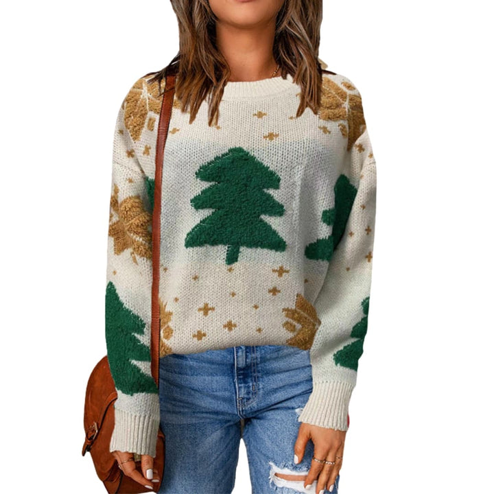 Damen Weihnachtspullover mit Rundhalsausschnitt und Baumdesign