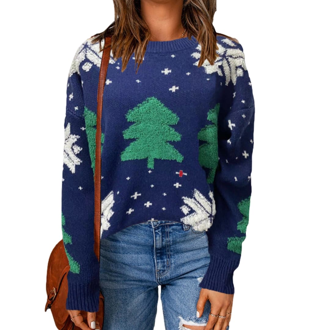 Damen Weihnachtspullover mit Rundhalsausschnitt und Baumdesign