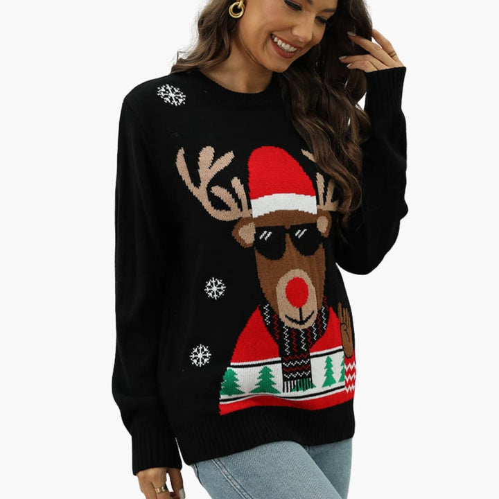 Damen Weihnachtspullover mit Rundhalsausschnitt und Rentiermotiv