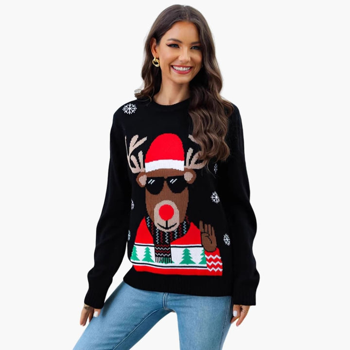 Damen Weihnachtspullover mit Rundhalsausschnitt und Rentiermotiv