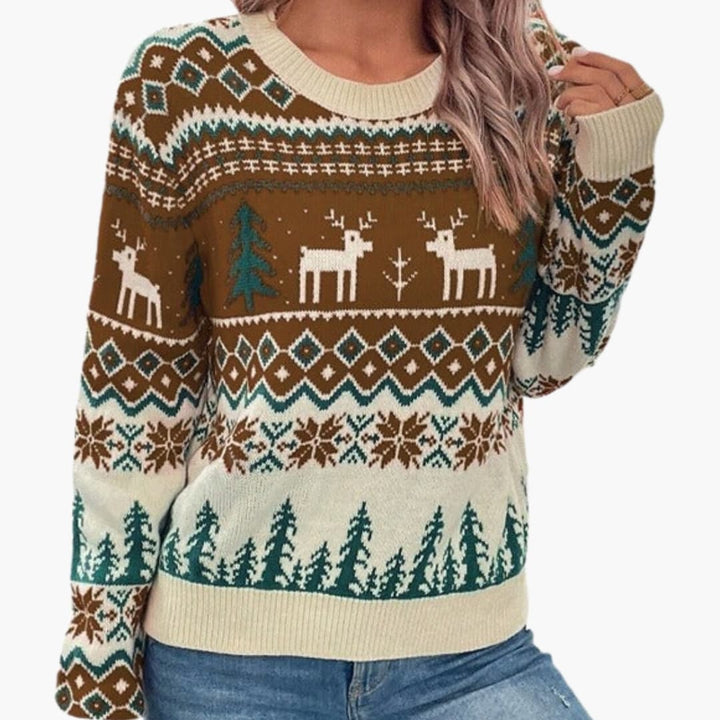 Damen Weihnachtspullover mit Rundhalsausschnitt und Rentiermuster