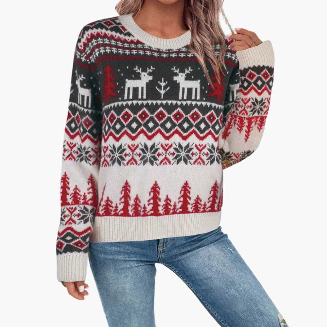 Damen Weihnachtspullover mit Rundhalsausschnitt und Rentiermuster
