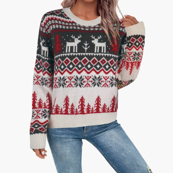 Damen Weihnachtspullover mit Rundhalsausschnitt und Rentiermuster