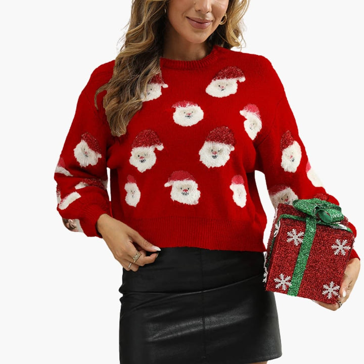 Damen Weihnachtspullover mit Rundhalsausschnitt und Weihnachtsmannmuster
