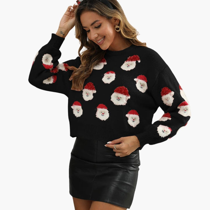 Damen Weihnachtspullover mit Rundhalsausschnitt und Weihnachtsmannmuster