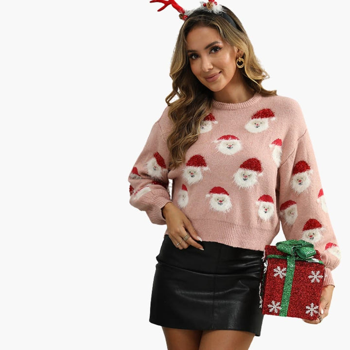 Damen Weihnachtspullover mit Rundhalsausschnitt und Weihnachtsmannmuster