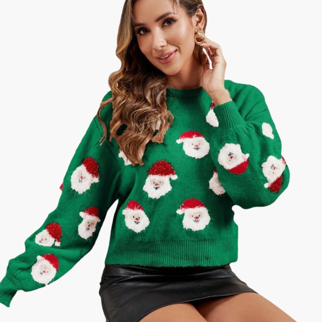 Damen Weihnachtspullover mit Rundhalsausschnitt und Weihnachtsmannmuster