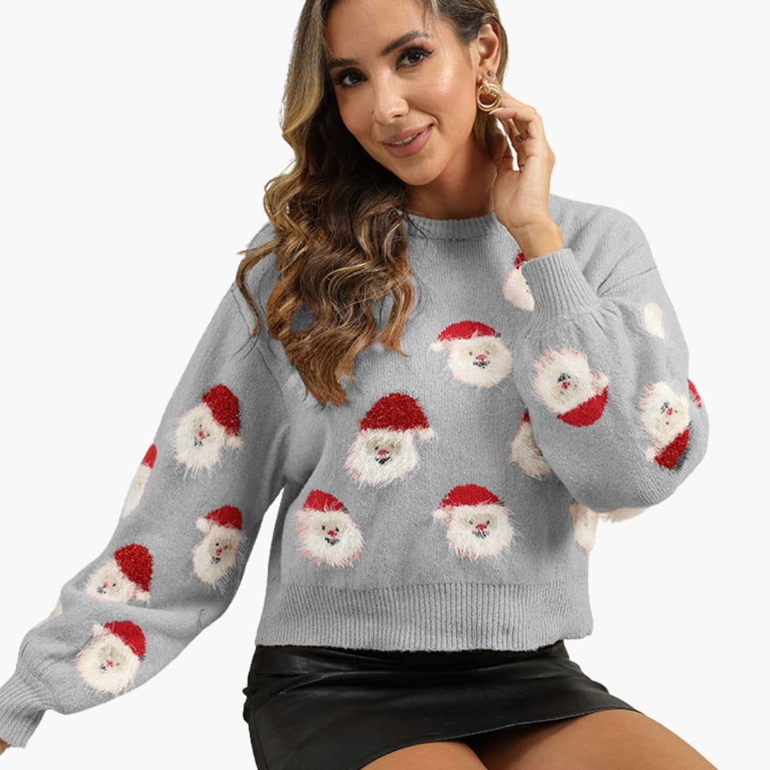 Damen Weihnachtspullover mit Rundhalsausschnitt und Weihnachtsmannmuster