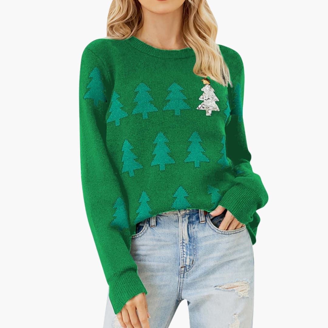 Damen Weihnachtspullover mit Strickmuster und Baum Motiv