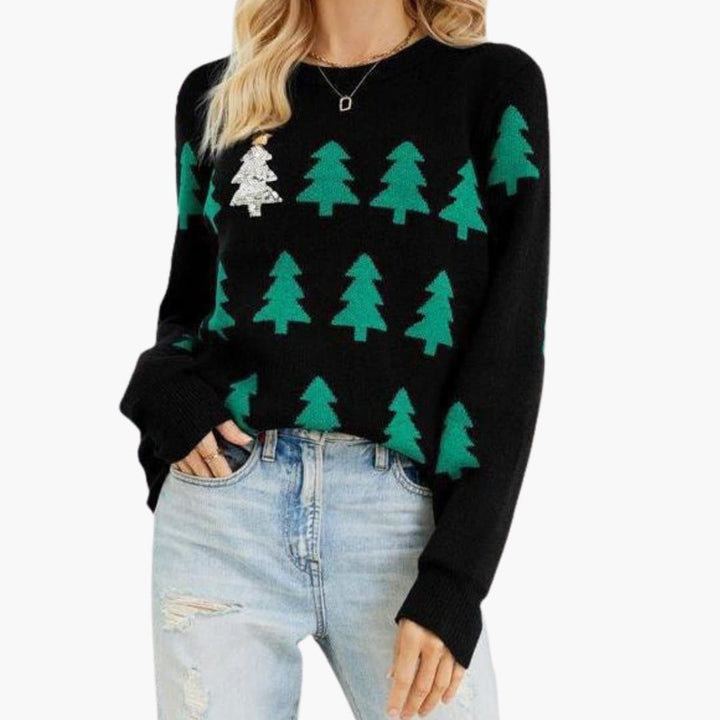 Damen Weihnachtspullover mit Strickmuster und Baum Motiv
