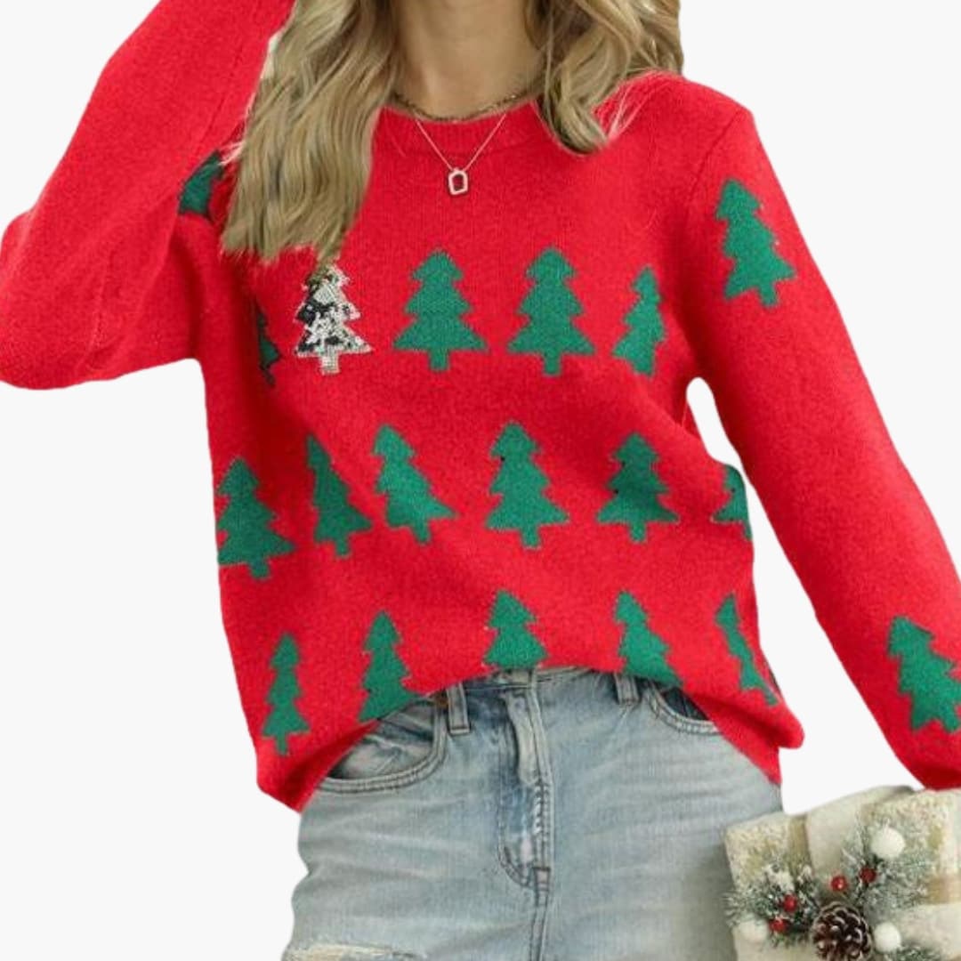 Damen Weihnachtspullover mit Strickmuster und Baum Motiv