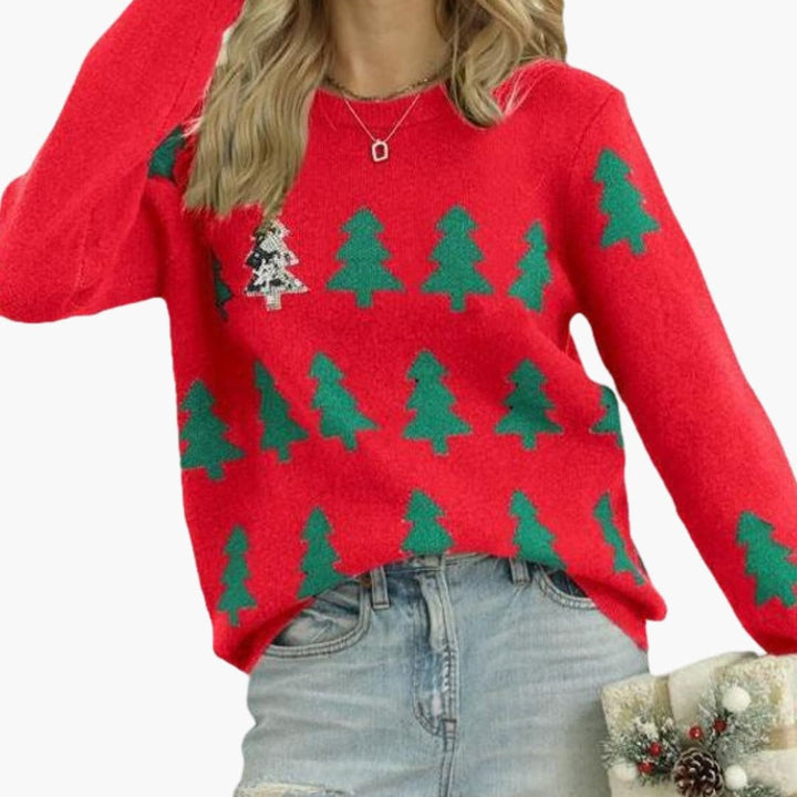 Damen Weihnachtspullover mit Strickmuster und Baum Motiv