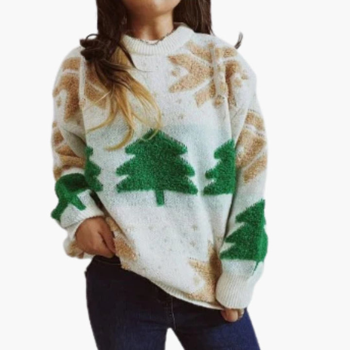 Damen Weihnachtspullover mit Tannenbaum Motiven und Ballonärmeln