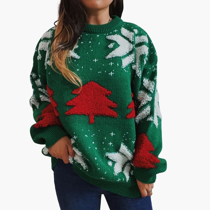 Damen Weihnachtspullover mit Tannenbaum Motiven und Ballonärmeln