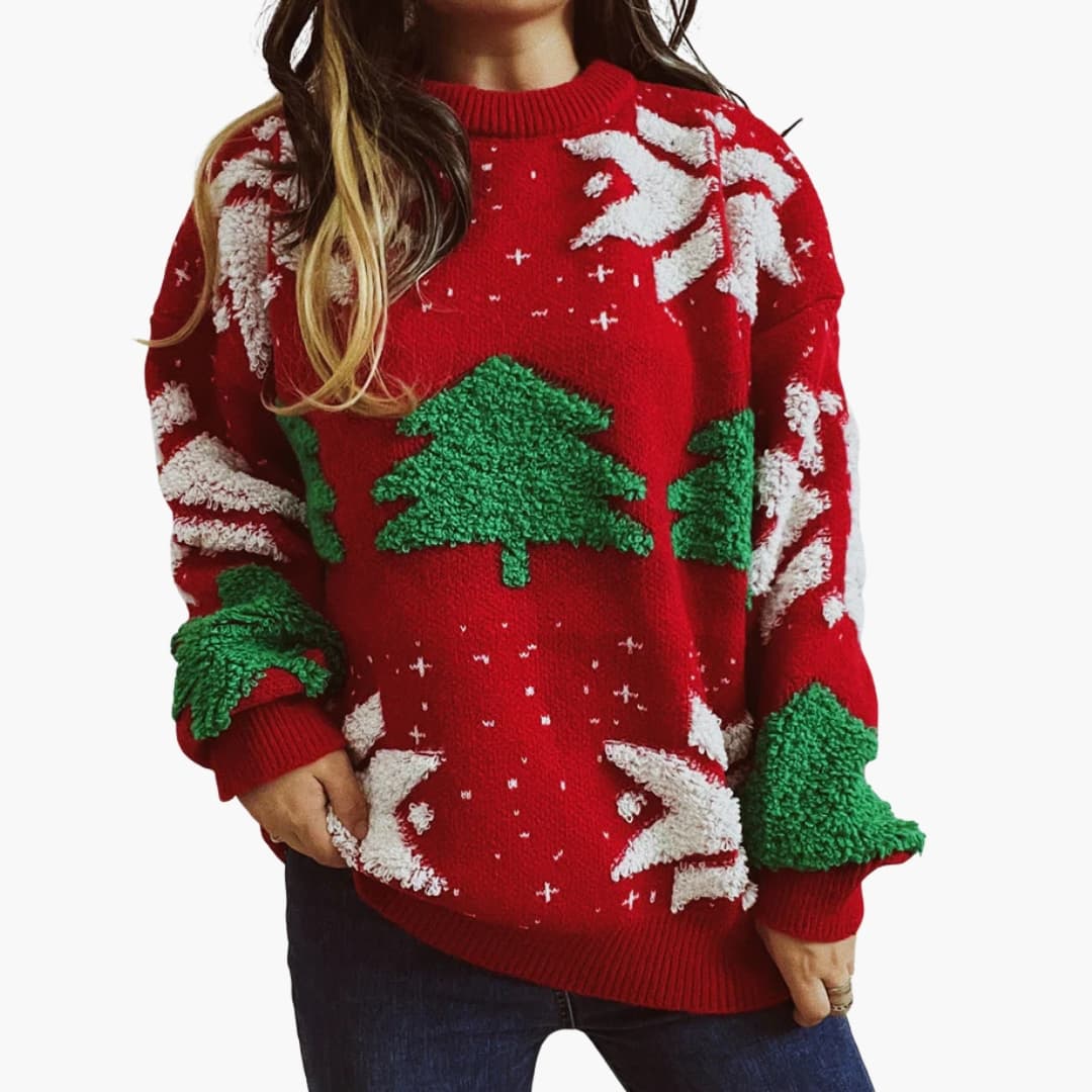 Damen Weihnachtspullover mit Tannenbaum Motiven und Ballonärmeln