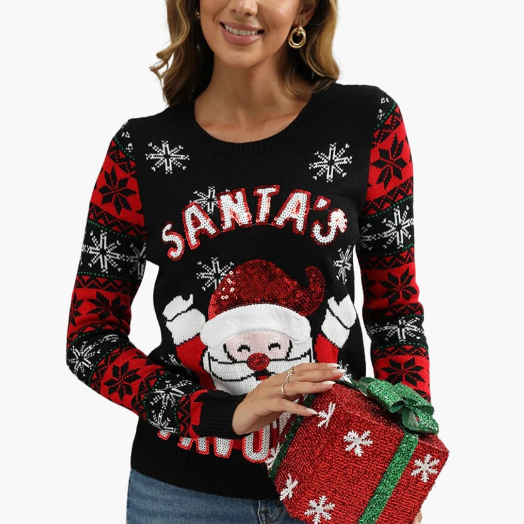 Damen Weihnachtspullover mit Weihnachtsmann Motiv und Schneeflocken-Details