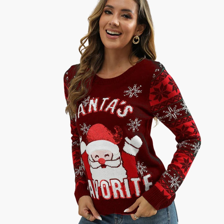 Damen Weihnachtspullover mit Weihnachtsmann Motiv und Schneeflocken-Details