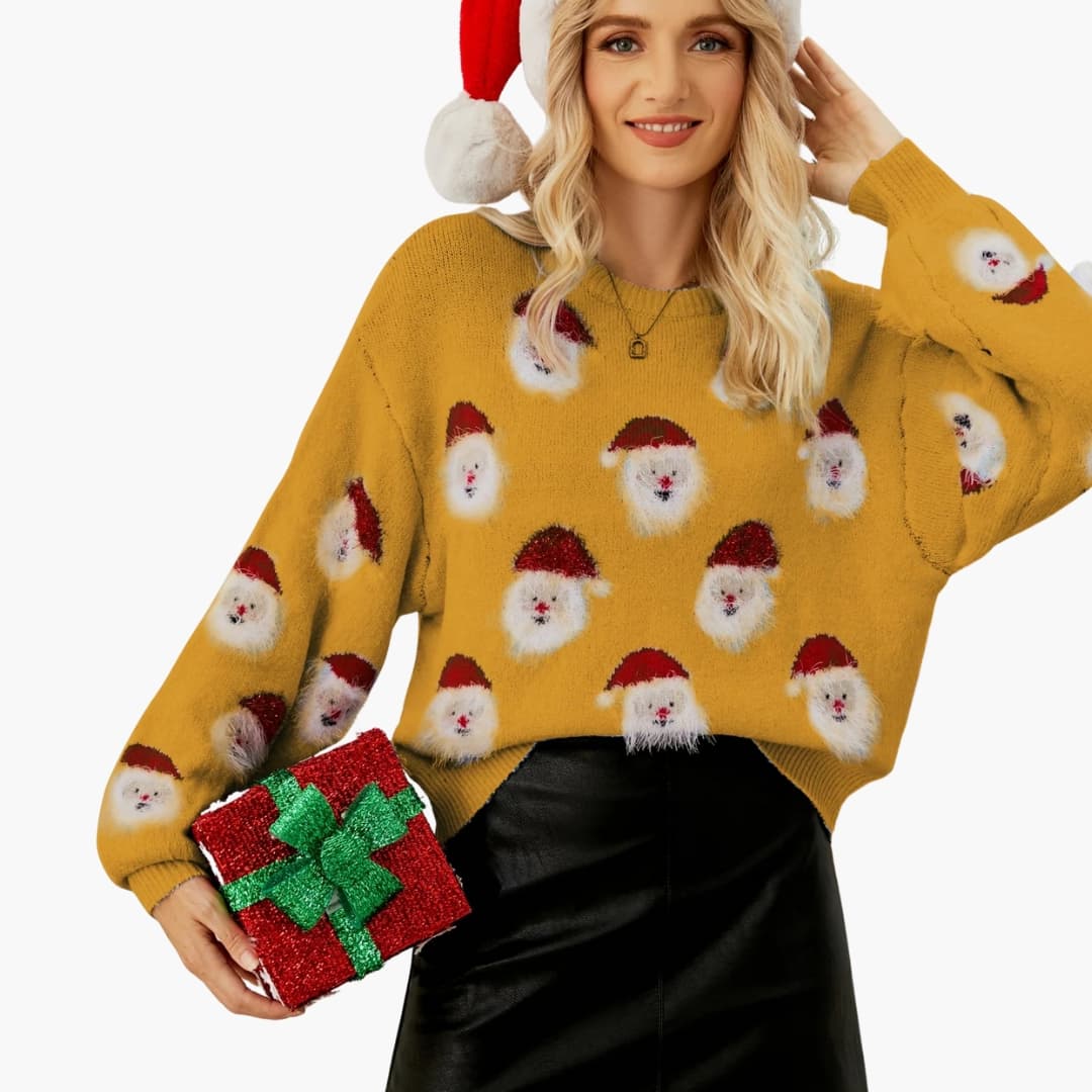 Damen Weihnachtspullover mit gestricktem Weihnachtsmannmotiv