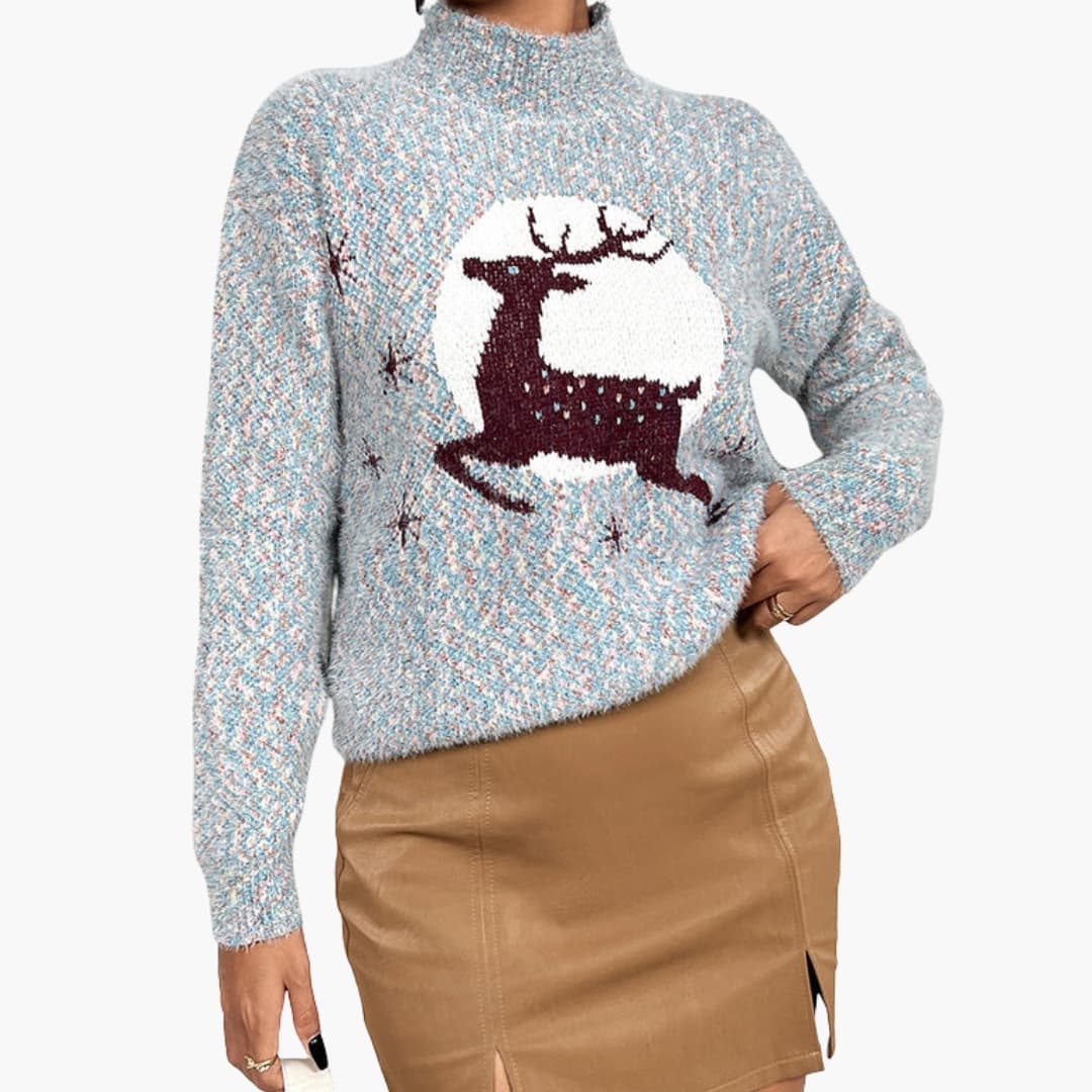 Damen Weihnachtspullover mit hohem Kragen und Rentiermotiv