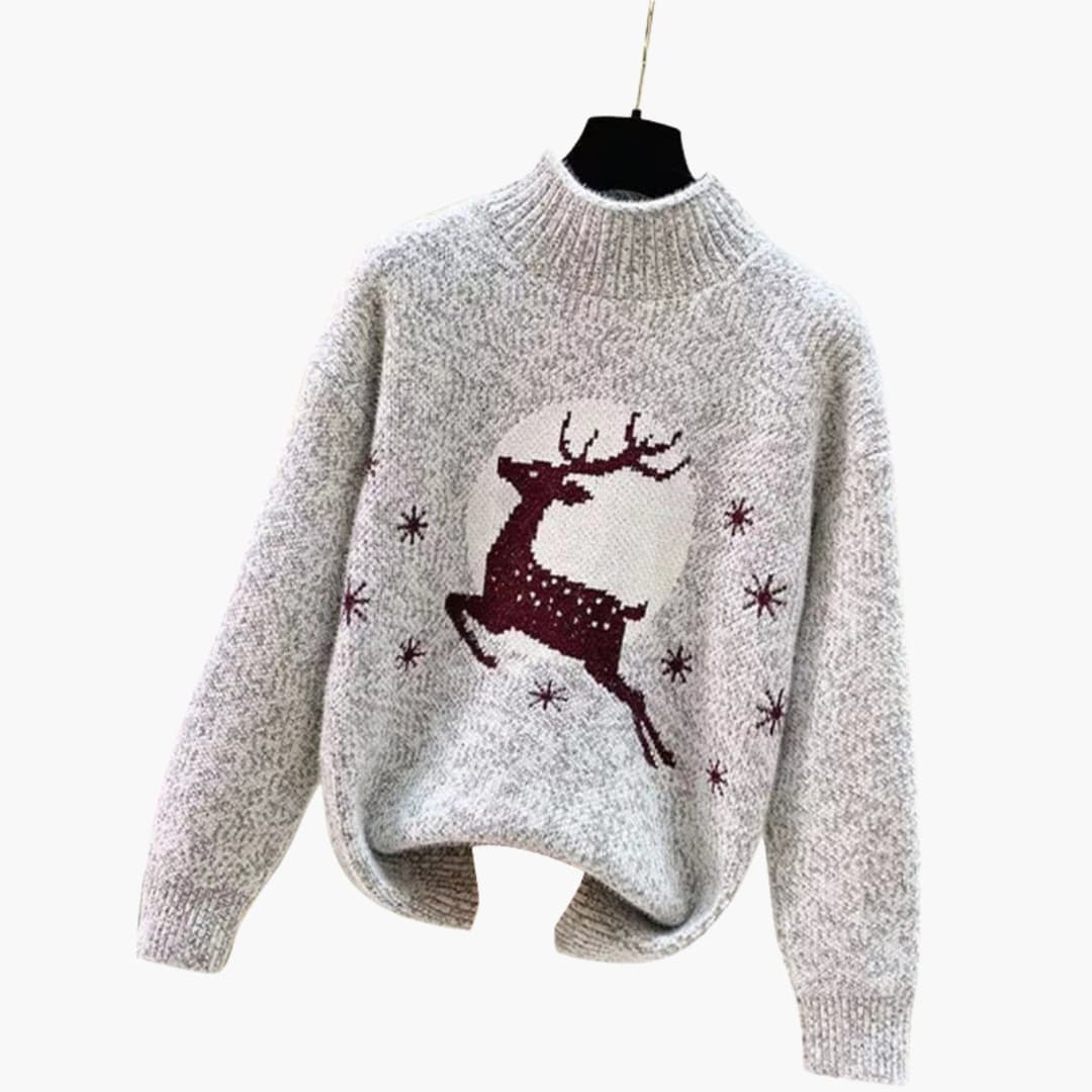 Damen Weihnachtspullover mit hohem Kragen und Rentiermotiv