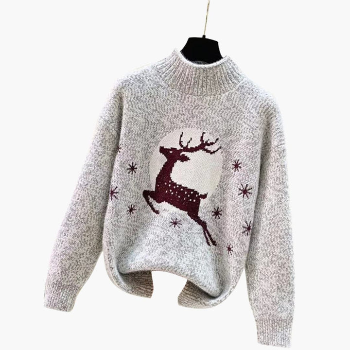 Damen Weihnachtspullover mit hohem Kragen und Rentiermotiv