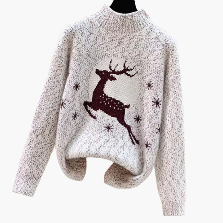 Damen Weihnachtspullover mit hohem Kragen und Rentiermotiv