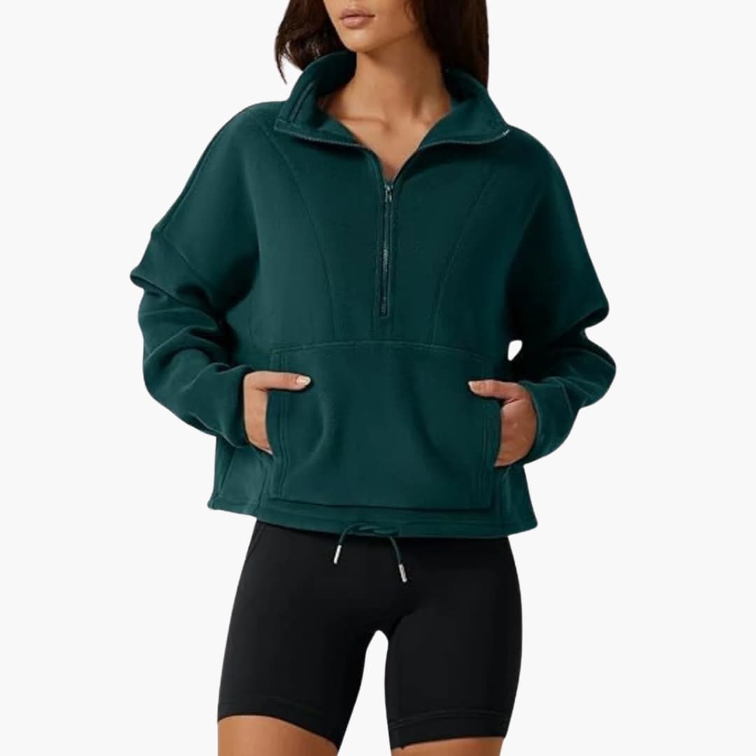 Damenpullover mit Halbreißverschluss und Fronttasche
