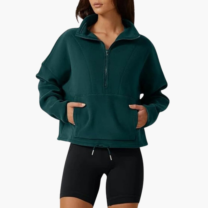 Damenpullover mit Halbreißverschluss und Fronttasche