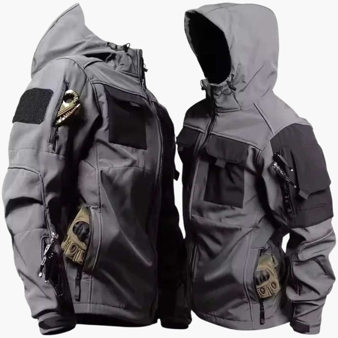 Herren Softshelljacke mit Kapuze und mehreren Reißverschlusstaschen